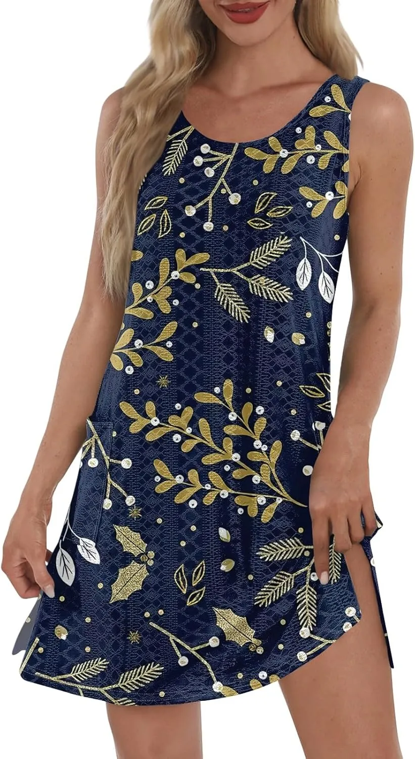 Womens Summer Dresses Casual Sundress Summer Boho Beach Dress V Neck Loose Tank Dresses with Pockets