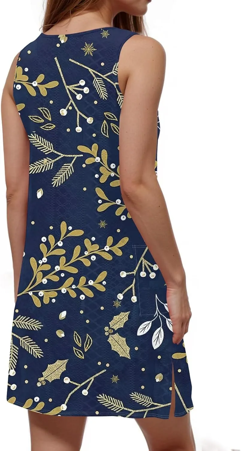 Womens Summer Dresses Casual Sundress Summer Boho Beach Dress V Neck Loose Tank Dresses with Pockets