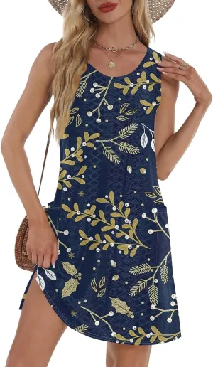 Womens Summer Dresses Casual Sundress Summer Boho Beach Dress V Neck Loose Tank Dresses with Pockets