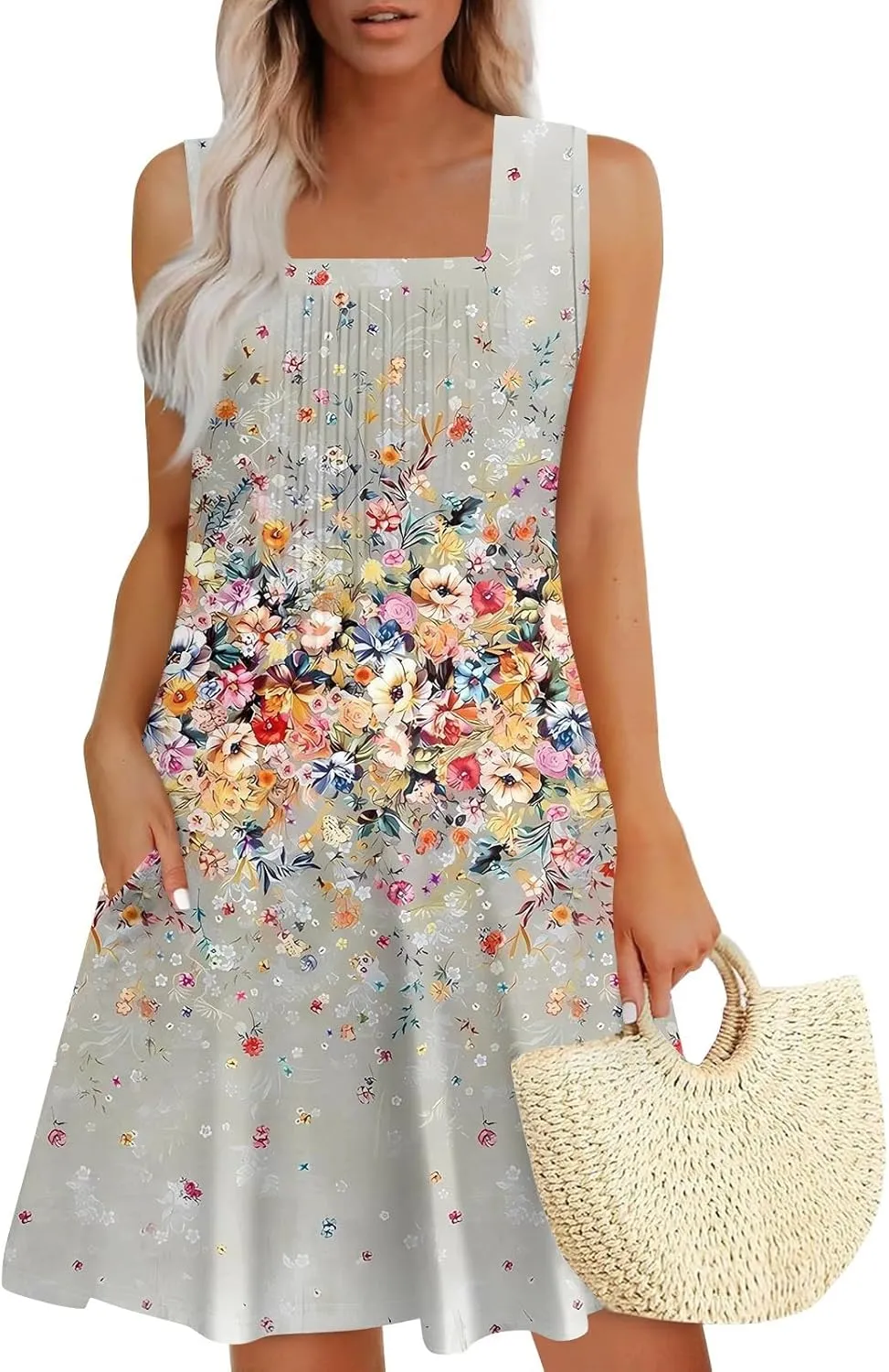 Womens Summer Dresses Flowy Sleeveless Mini Dress Beach Casual Sundresses Prited Tshirt Tank Dresses with Pockets