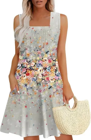 Womens Summer Dresses Flowy Sleeveless Mini Dress Beach Casual Sundresses Prited Tshirt Tank Dresses with Pockets