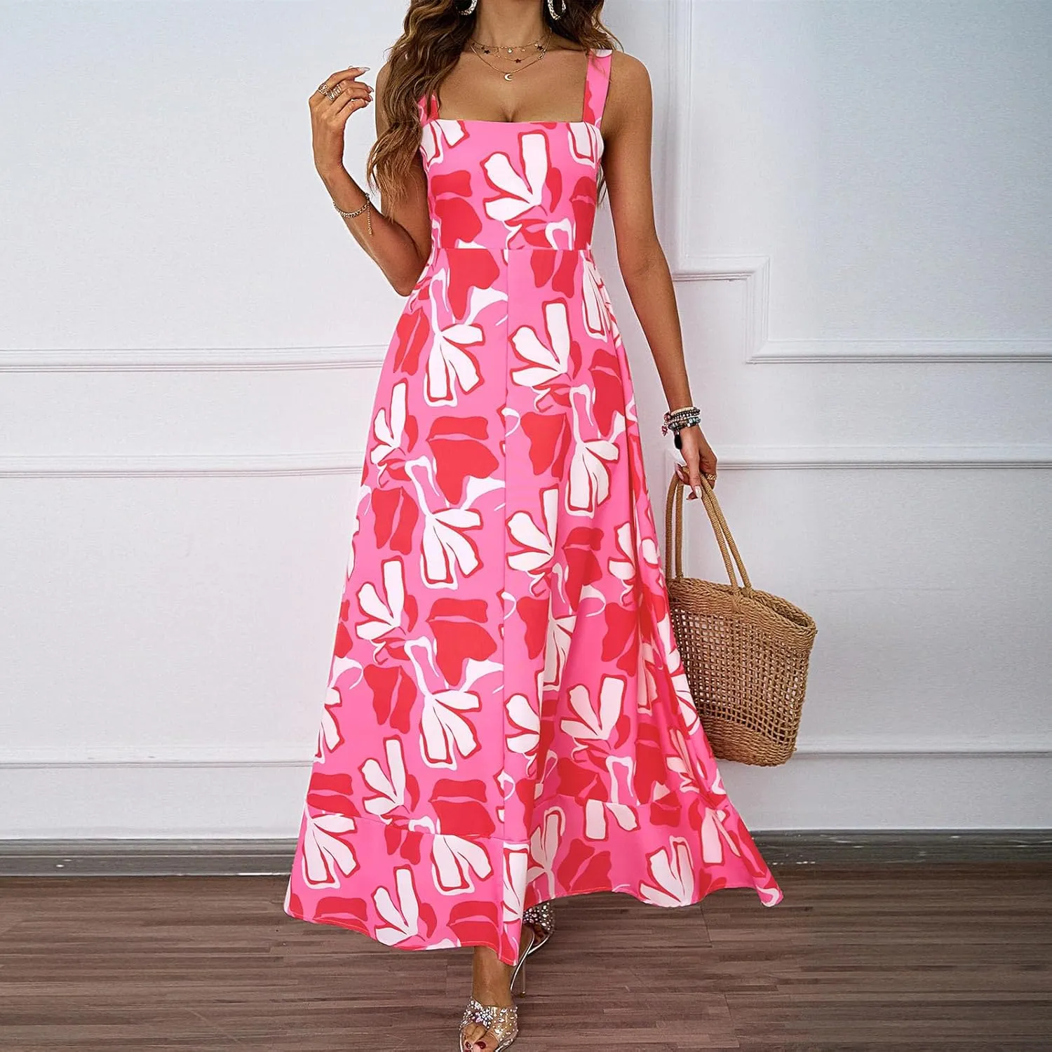 Women's Summer Dresses Halter Neck Sleeveless Smocked Backless Floral Flowy Tiered A Line Boho Beach Maxi Dress