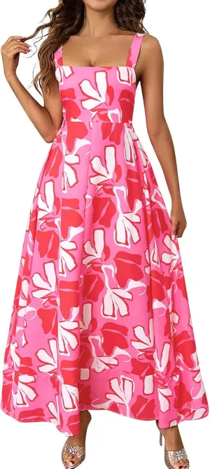 Women's Summer Dresses Halter Neck Sleeveless Smocked Backless Floral Flowy Tiered A Line Boho Beach Maxi Dress