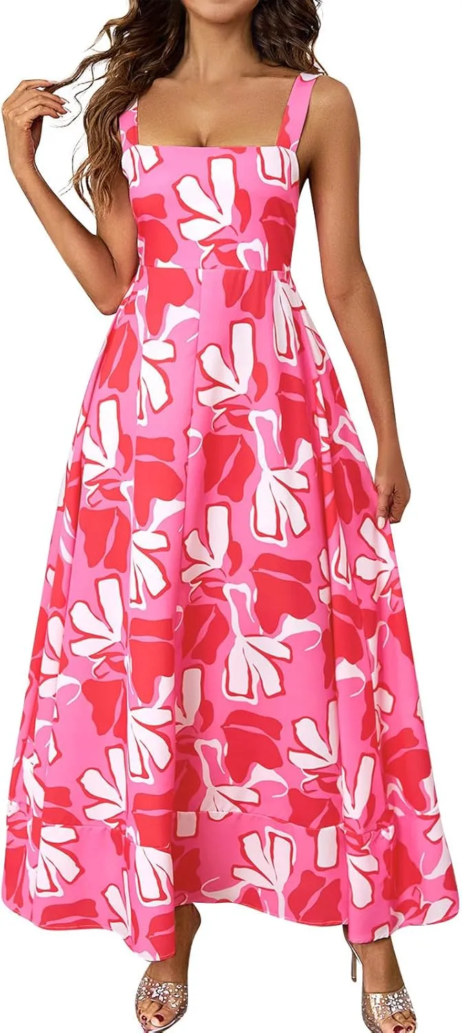 Women's Summer Dresses Halter Neck Sleeveless Smocked Backless Floral Flowy Tiered A Line Boho Beach Maxi Dress
