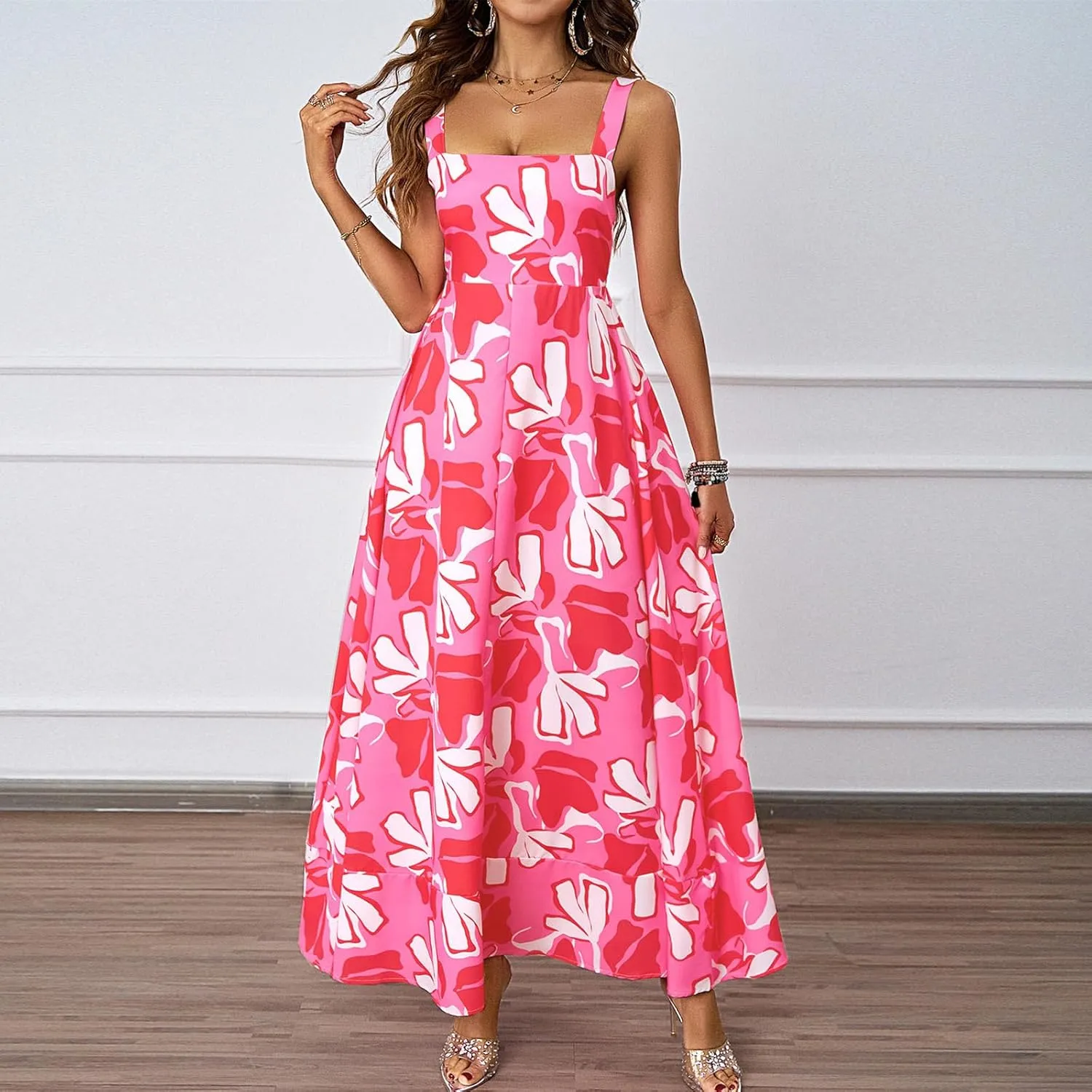 Women's Summer Dresses Halter Neck Sleeveless Smocked Backless Floral Flowy Tiered A Line Boho Beach Maxi Dress