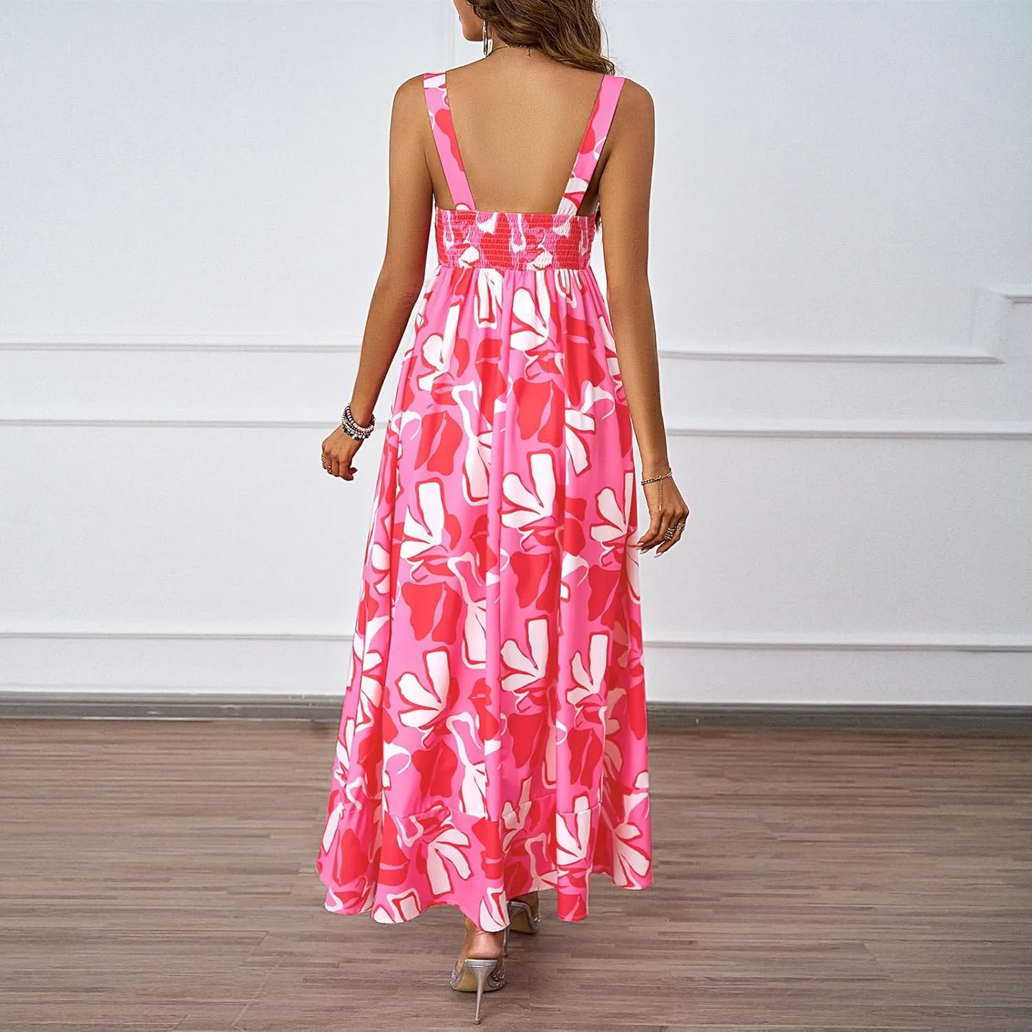 Women's Summer Dresses Halter Neck Sleeveless Smocked Backless Floral Flowy Tiered A Line Boho Beach Maxi Dress