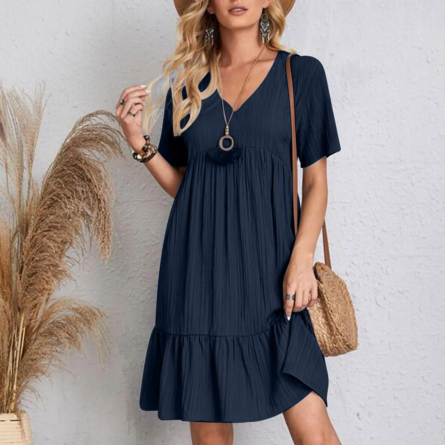Womens Summer Dresses Sleeveless V Neck Casual Swing Flowy Tiered Ruffle A Line Mini Dress Beach Sundress 2025