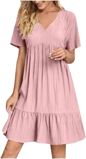 Womens Summer Dresses Sleeveless V Neck Casual Swing Flowy Tiered Ruffle A Line Mini Dress Beach Sundress 2025