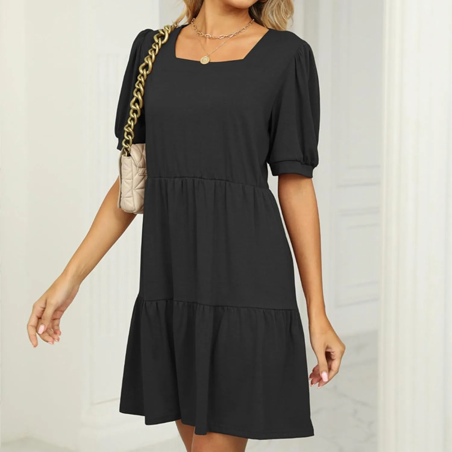 Womens Summer Dresses Square Neck Tie Back Mini Dress Short Sleeve Ruffle A-Line Casual Loose Dress