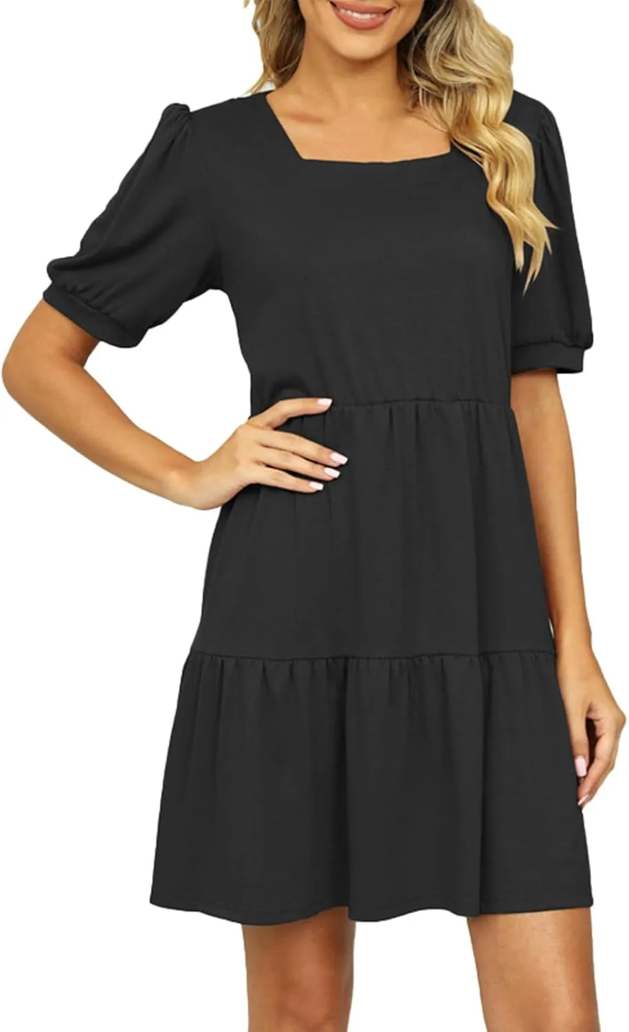 Womens Summer Dresses Square Neck Tie Back Mini Dress Short Sleeve Ruffle A-Line Casual Loose Dress
