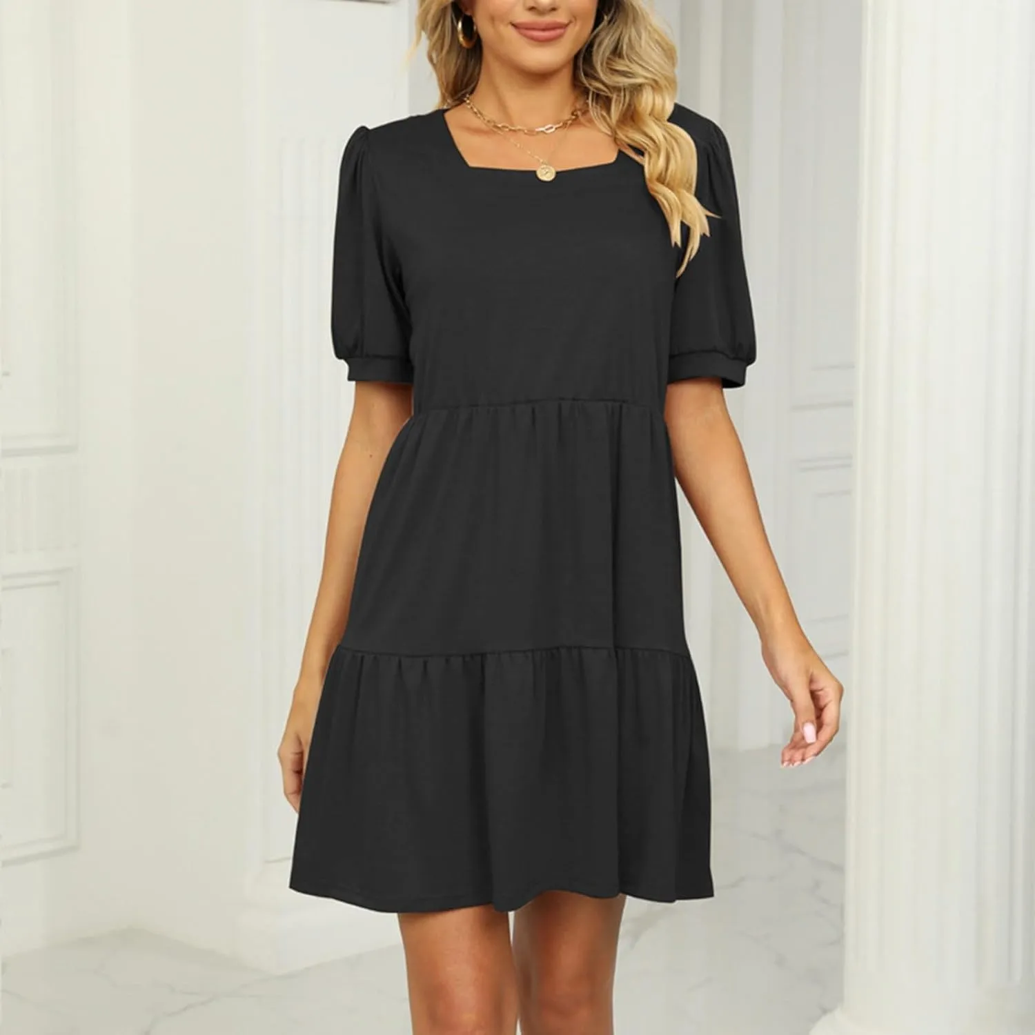 Womens Summer Dresses Square Neck Tie Back Mini Dress Short Sleeve Ruffle A-Line Casual Loose Dress