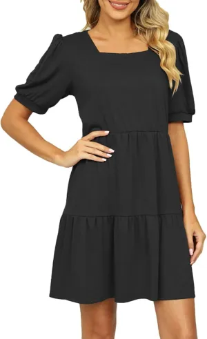 Womens Summer Dresses Square Neck Tie Back Mini Dress Short Sleeve Ruffle A-Line Casual Loose Dress