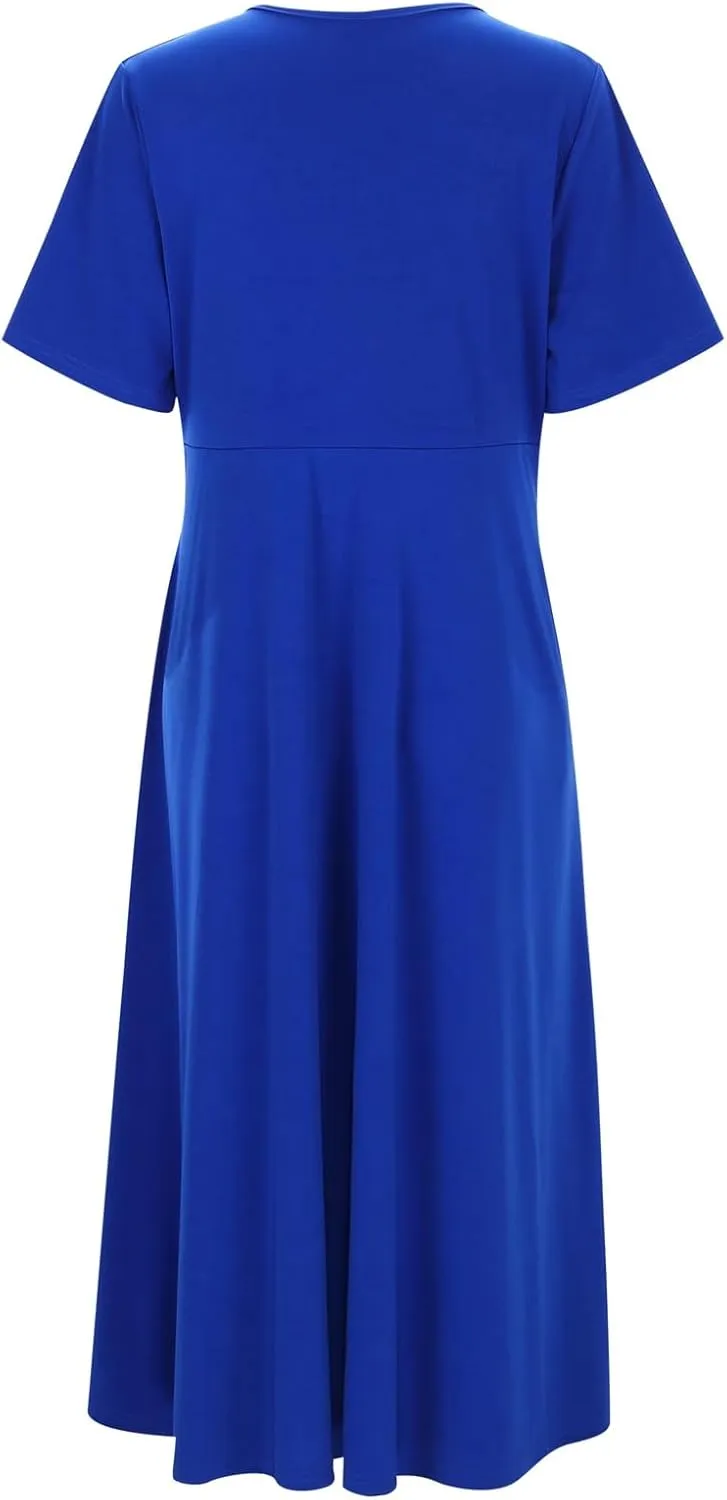 Women's Summer Floral Boho Dress V Neck Short Sleeve Ruffle A-Line Flowy Maxi Wedding Guest Dresses
