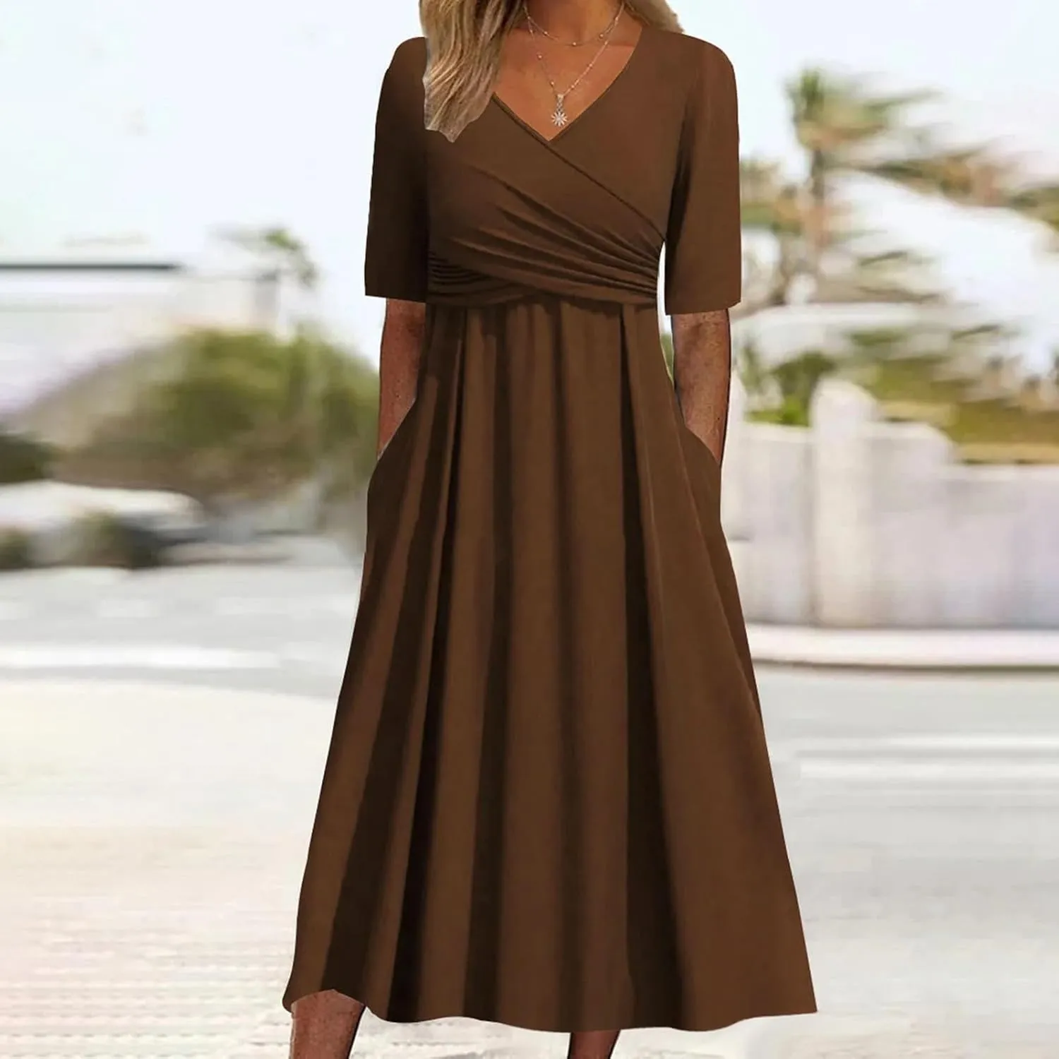 Women's Summer Floral Boho Dress V Neck Short Sleeve Ruffle A-Line Flowy Maxi Wedding Guest Dresses