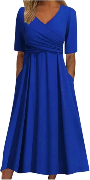 Women's Summer Floral Boho Dress V Neck Short Sleeve Ruffle A-Line Flowy Maxi Wedding Guest Dresses