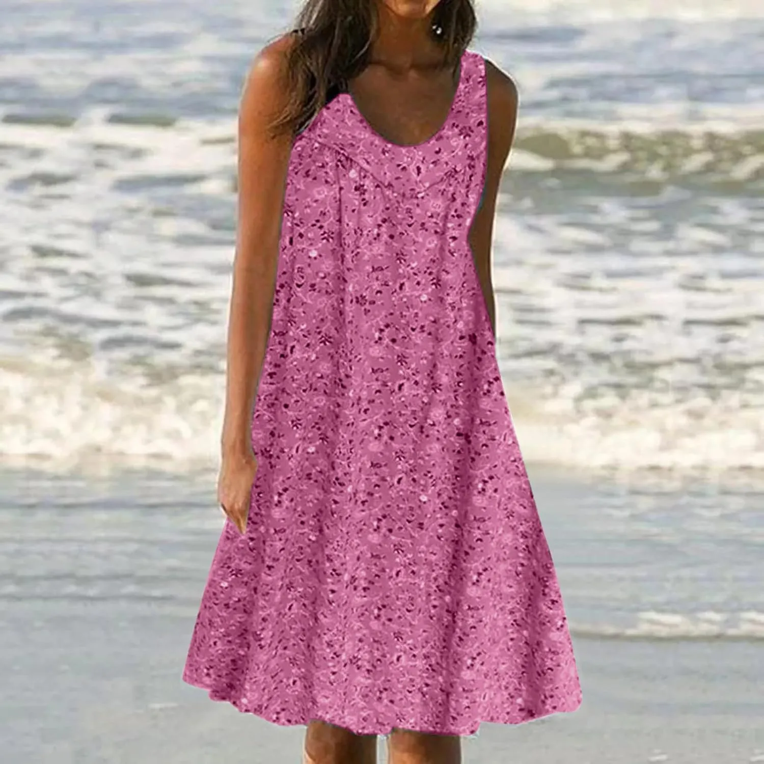 Womens Summer Floral Mini Dress Casual Sleeveless Sundress Round Neck Tank Dress Plus Size Beach Vacation Dresses
