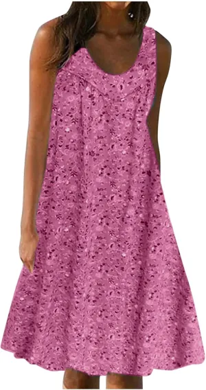 Womens Summer Floral Mini Dress Casual Sleeveless Sundress Round Neck Tank Dress Plus Size Beach Vacation Dresses