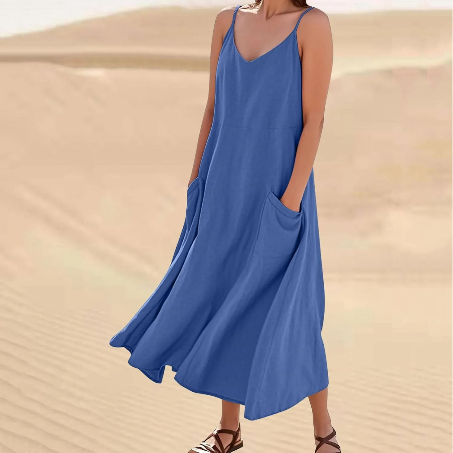 Women's Summer Maxi Dress Casual Boho Spaghetti Strap Dresses Beach Vacation Pockets Sundress Solid Travel Clothes