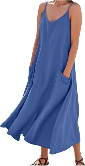Women's Summer Maxi Dress Casual Boho Spaghetti Strap Dresses Beach Vacation Pockets Sundress Solid Travel Clothes
