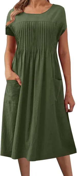 Women's Summer Plus Size Dresses Ladies Casual Short Sleeve Crewneck Pleated Midi Dress with Pockets for Beach Vacation