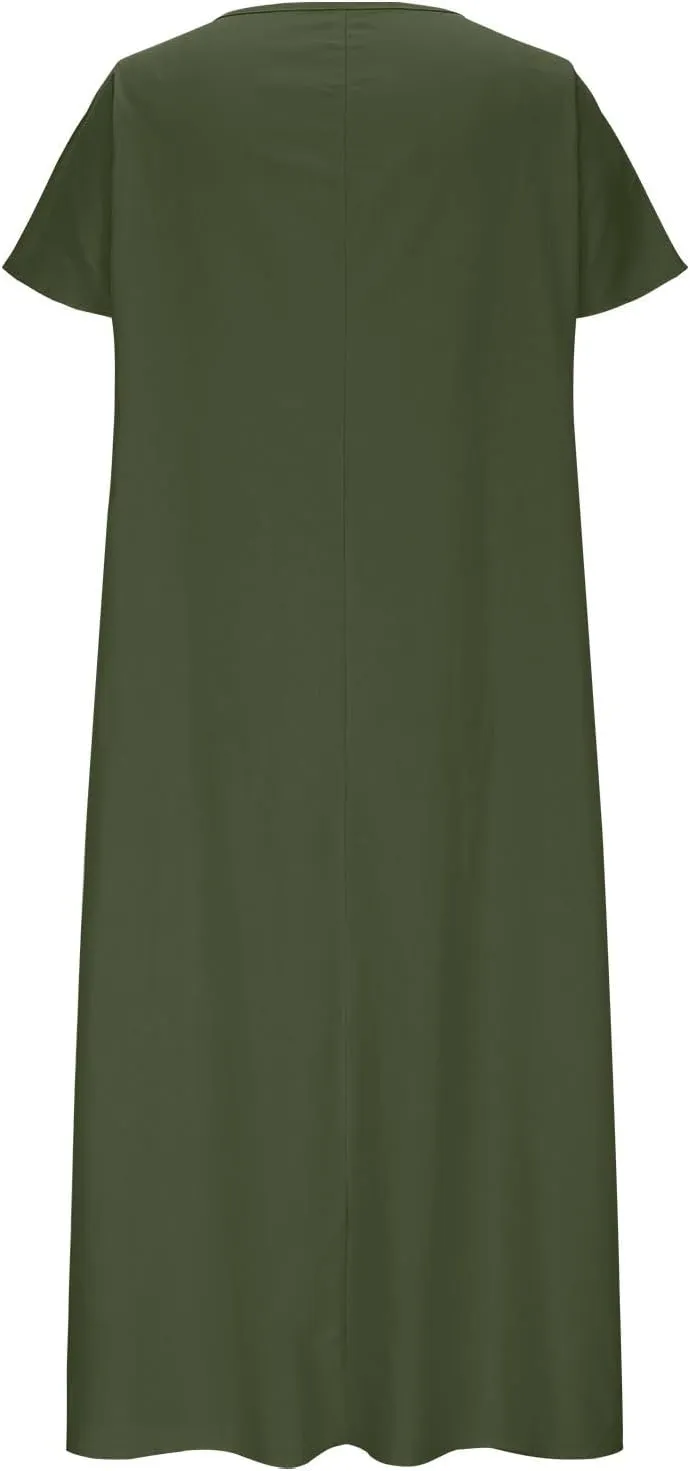 Women's Summer Plus Size Dresses Ladies Casual Short Sleeve Crewneck Pleated Midi Dress with Pockets for Beach Vacation