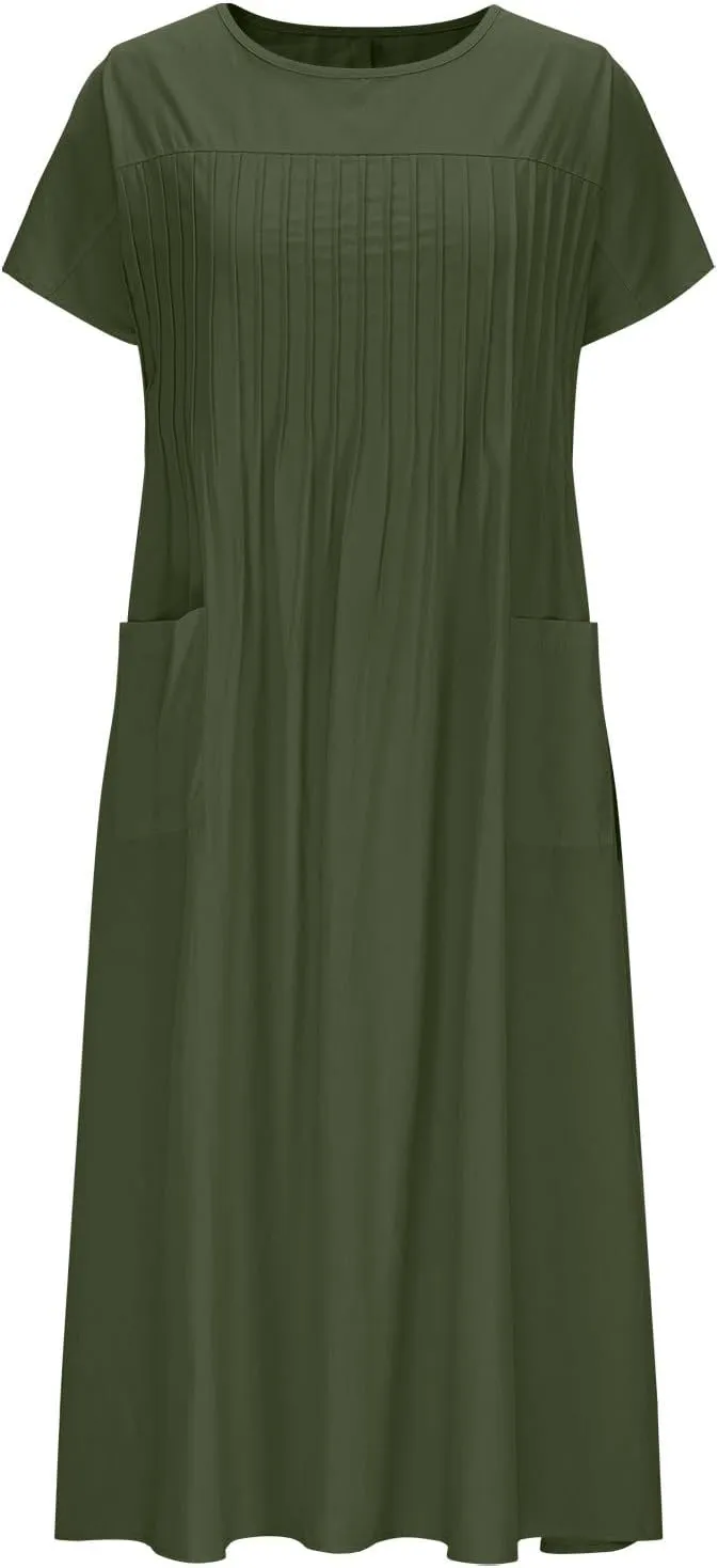 Women's Summer Plus Size Dresses Ladies Casual Short Sleeve Crewneck Pleated Midi Dress with Pockets for Beach Vacation