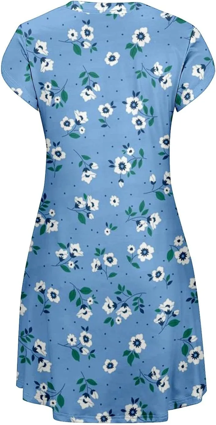 Women's Summer Spring Casual Beach Sundress 2025 Vacation Short Sleeve V Neck Floral Dress Loose Mini Dresses