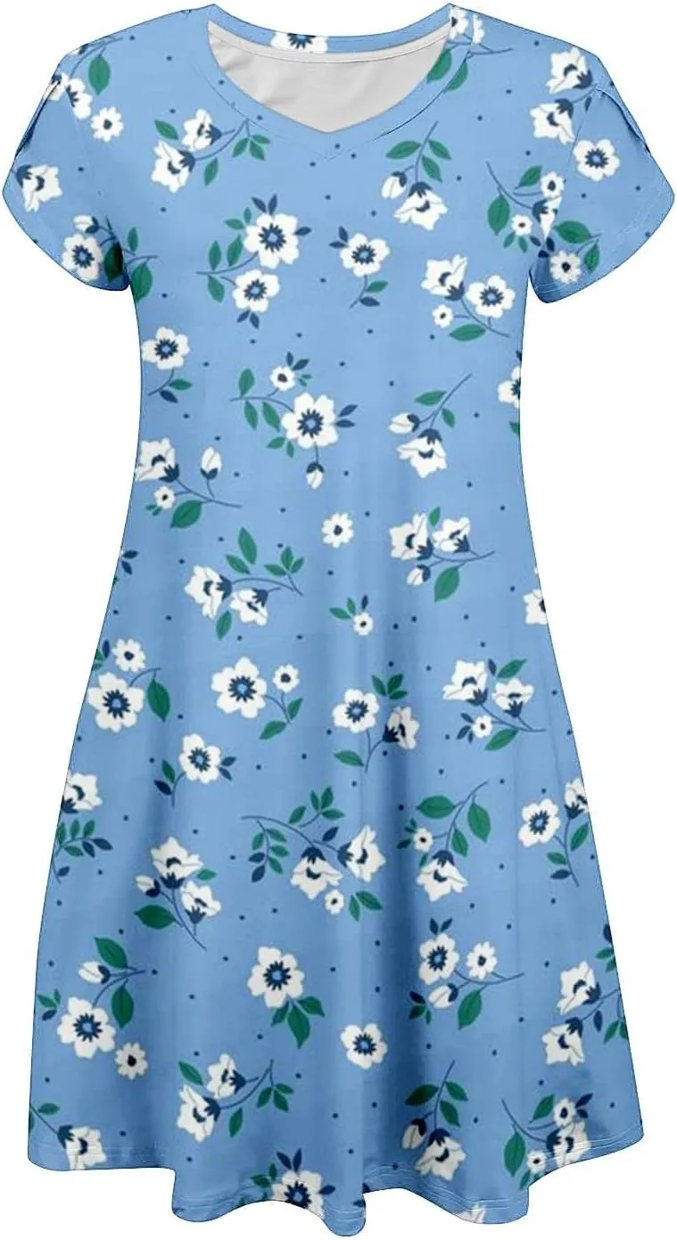 Women's Summer Spring Casual Beach Sundress 2025 Vacation Short Sleeve V Neck Floral Dress Loose Mini Dresses