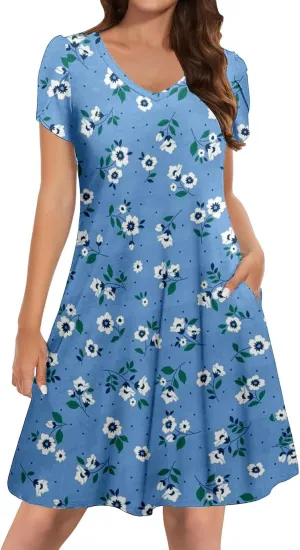 Women's Summer Spring Casual Beach Sundress 2025 Vacation Short Sleeve V Neck Floral Dress Loose Mini Dresses