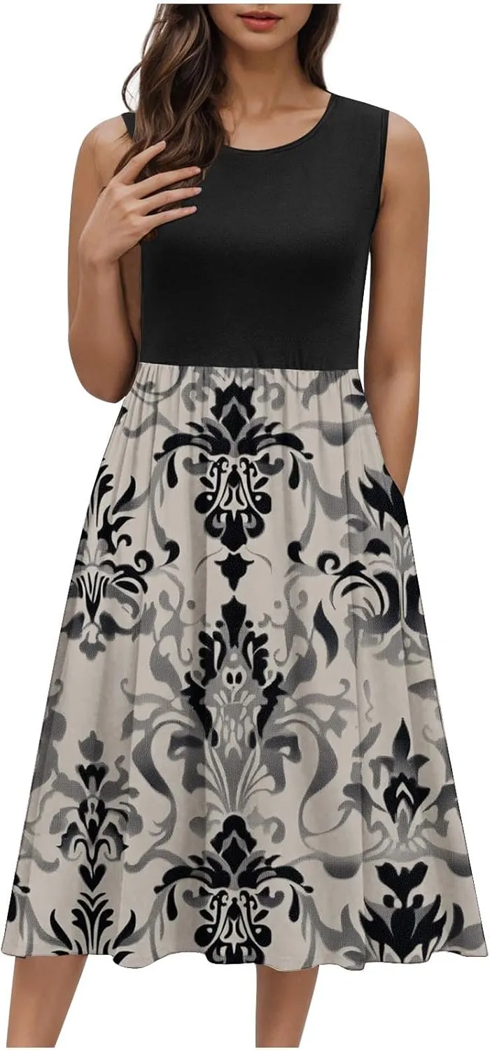 Women's Summer Tank Midi Dress with Pockets, Sleeveless A-Line Sun Dresses Casual T-Shirt Dress Flowy Beach Sundress