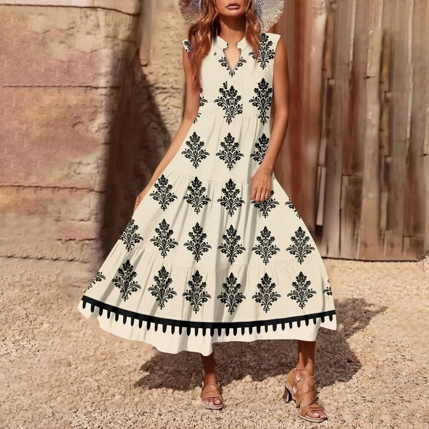 Womens Summer V Neck Sleeveless Beach Vacation Maxi Dresses Casual Layering Pleated Print Boho Dress