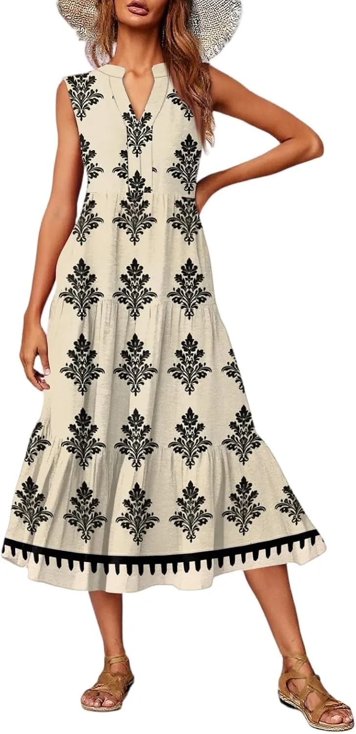 Womens Summer V Neck Sleeveless Beach Vacation Maxi Dresses Casual Layering Pleated Print Boho Dress