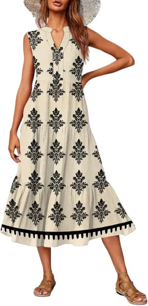 Womens Summer V Neck Sleeveless Beach Vacation Maxi Dresses Casual Layering Pleated Print Boho Dress
