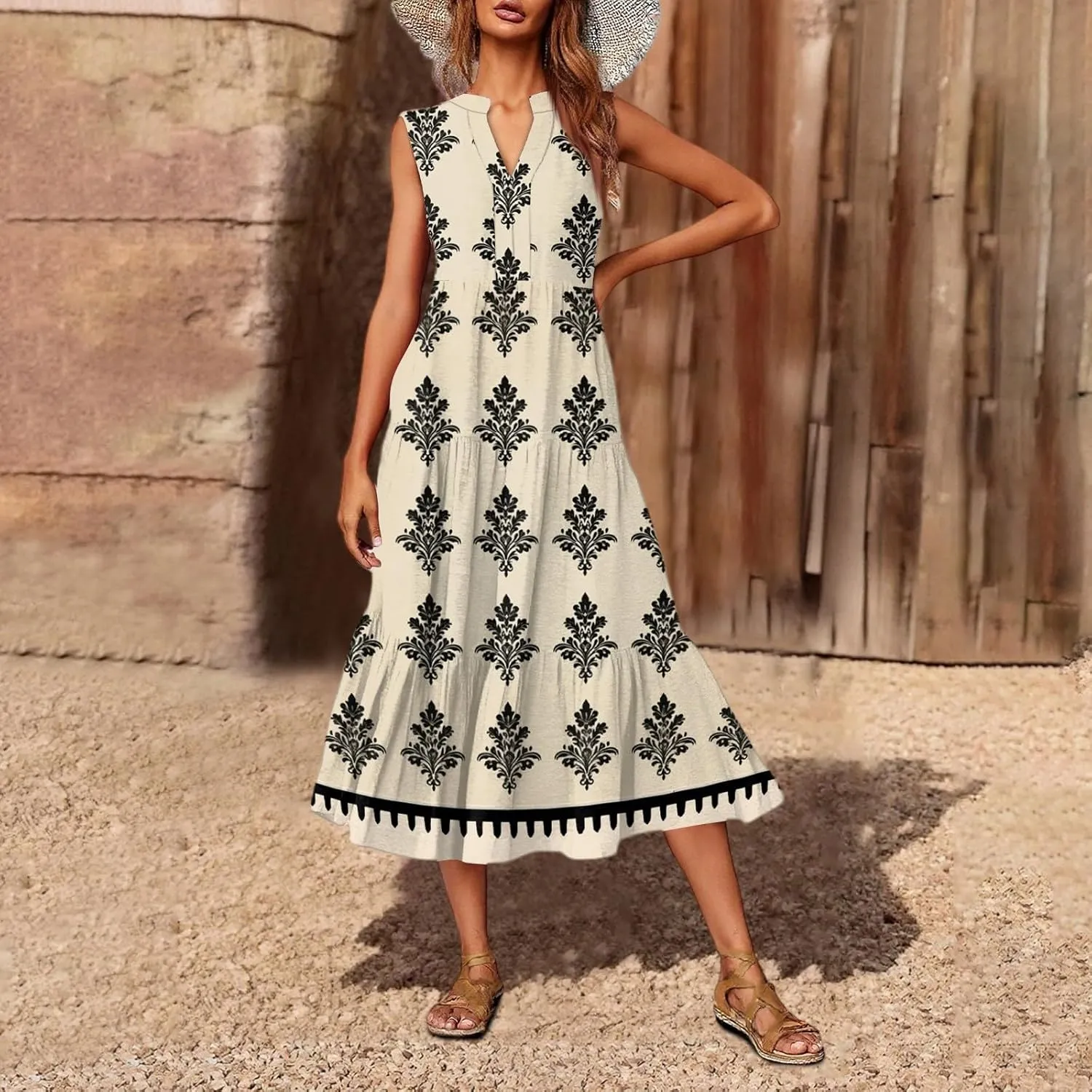 Womens Summer V Neck Sleeveless Beach Vacation Maxi Dresses Casual Layering Pleated Print Boho Dress