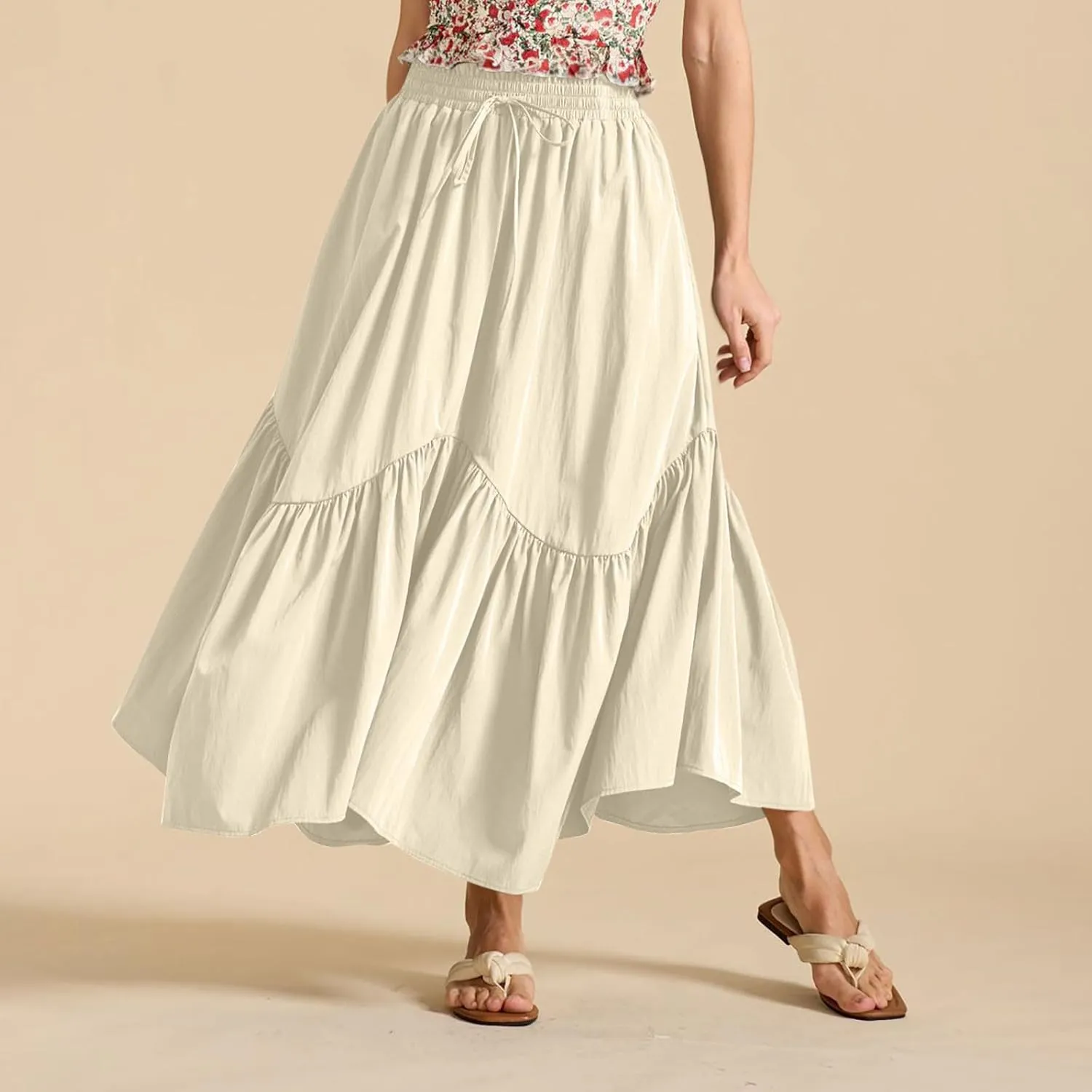 Womens Summer Vacation Beach Maxi Skirts Elastic High Waist Tiered Skirt A Line Ruffle Swing Long Dress