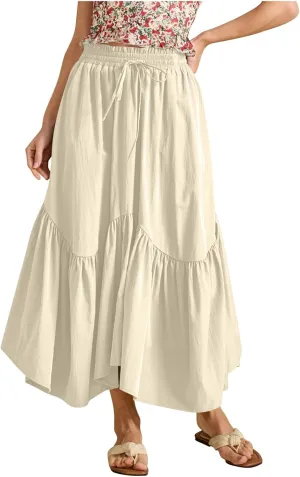 Womens Summer Vacation Beach Maxi Skirts Elastic High Waist Tiered Skirt A Line Ruffle Swing Long Dress