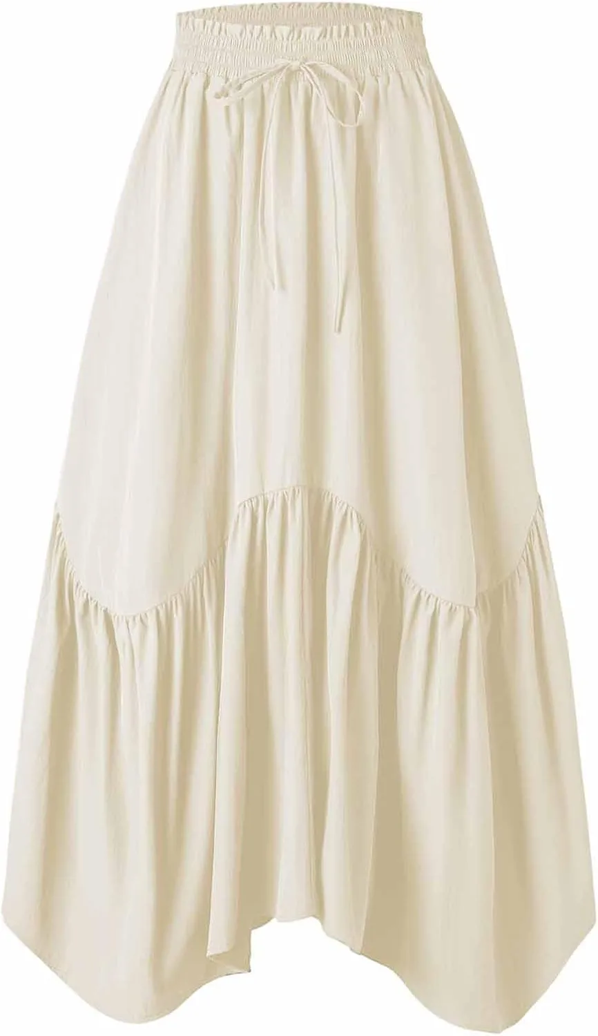 Womens Summer Vacation Beach Maxi Skirts Elastic High Waist Tiered Skirt A Line Ruffle Swing Long Dress