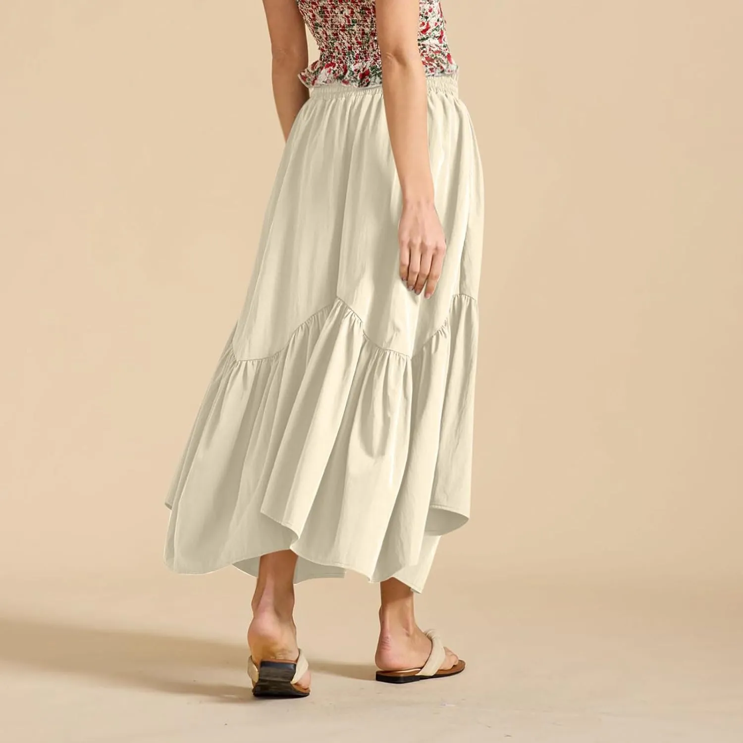 Womens Summer Vacation Beach Maxi Skirts Elastic High Waist Tiered Skirt A Line Ruffle Swing Long Dress