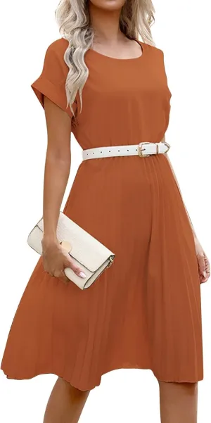 Women's Sun Dresses 2025 Vacation Summer Casual Trendy Solid Color Round Neck Short Sleeve Midi Dress, S-XL