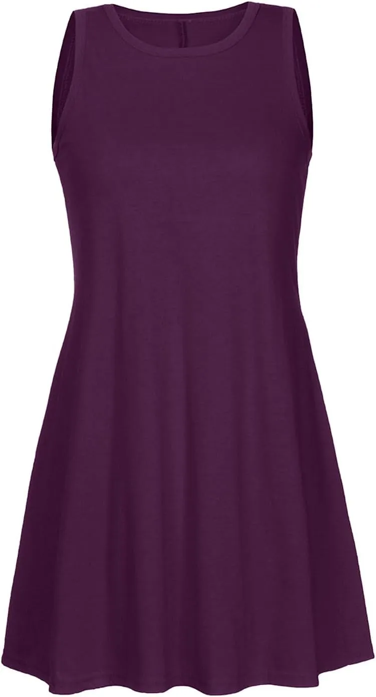 Womens Sundresses 2024 Summer Casual Sleeveless Round Neck Mini Dress with Pockets Solid Flowy Short Beach Dress