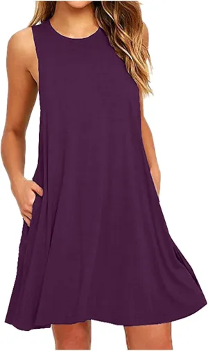 Womens Sundresses 2024 Summer Casual Sleeveless Round Neck Mini Dress with Pockets Solid Flowy Short Beach Dress