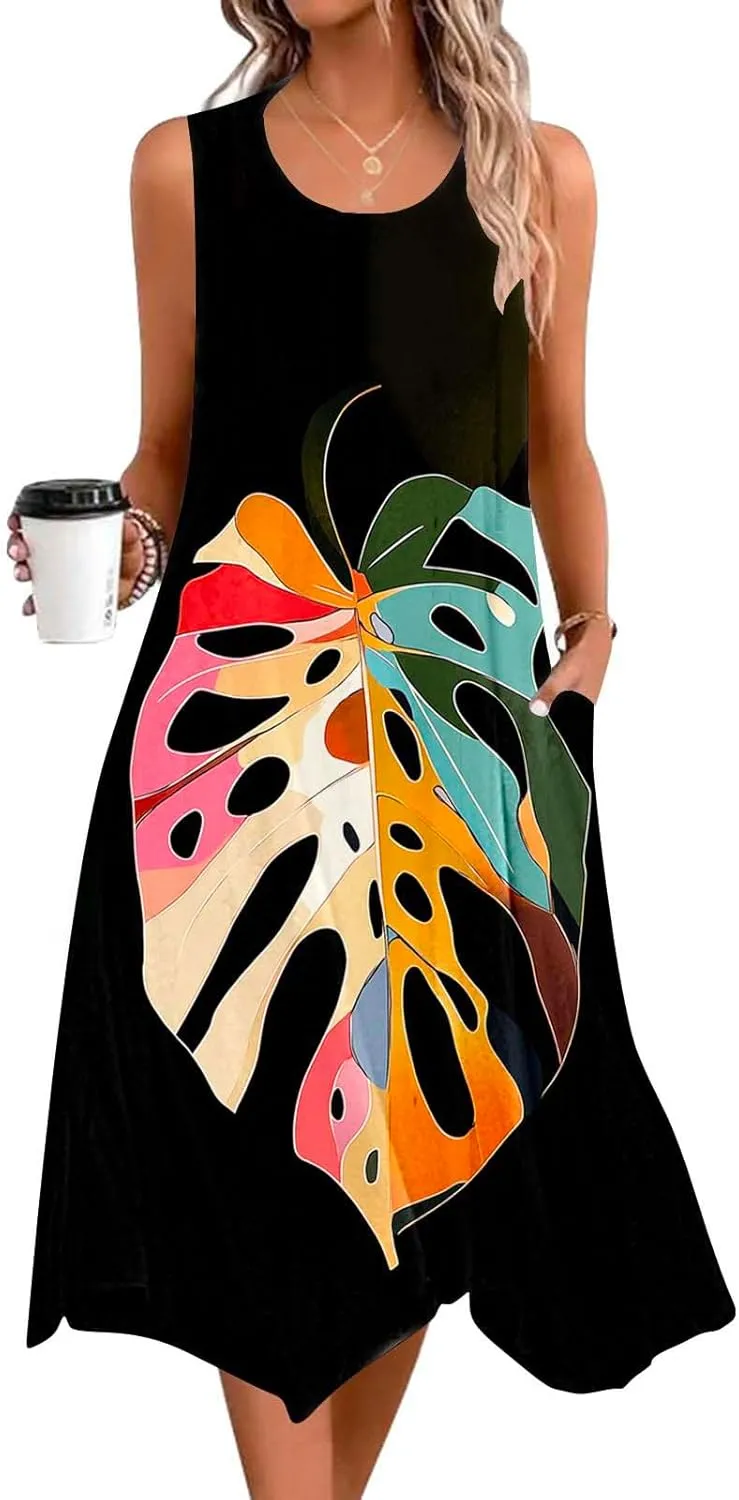 Womens Sundresses for Beach Vacation Summer Sleeveless Round Neck Tank Dress with Pocket Boho Flowy Midi Dress