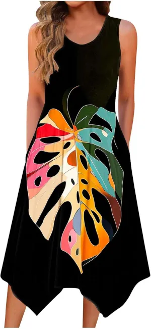 Womens Sundresses for Beach Vacation Summer Sleeveless Round Neck Tank Dress with Pocket Boho Flowy Midi Dress