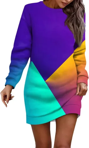 Womens Sweater Dresses 2024 Round Neck Geometric Long Sleeve Hip Wrapped Dress Sweater Dress