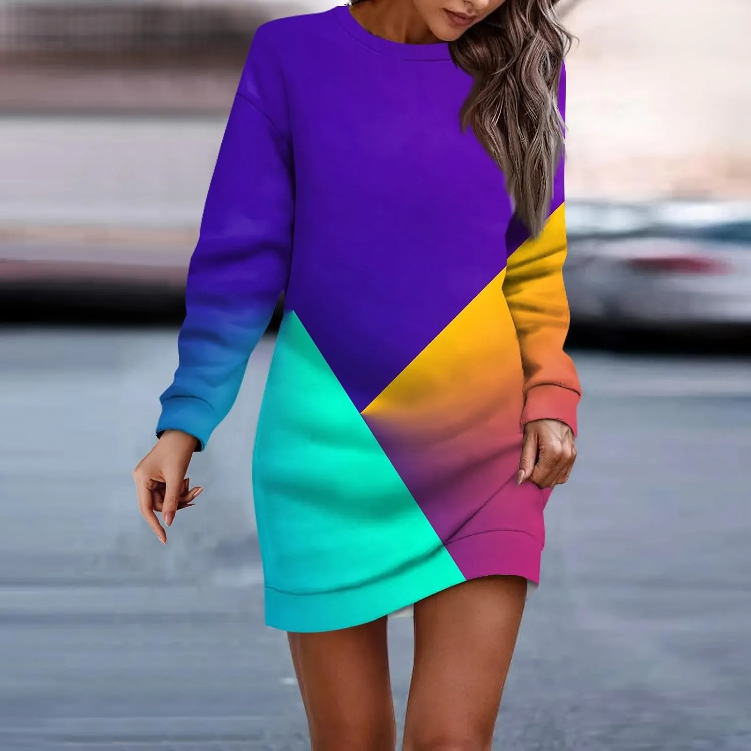 Womens Sweater Dresses 2024 Round Neck Geometric Long Sleeve Hip Wrapped Dress Sweater Dress