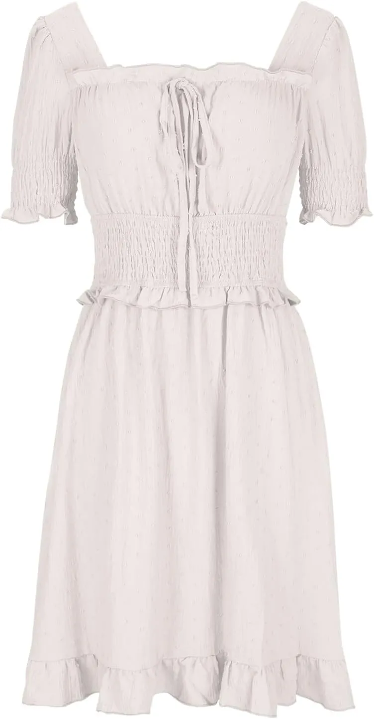 Women's Swiss Dot Babydoll Dresses Puff Sleeve Square Neck A-Line Dresses Cute Elastic Waist Ruffle Mini Short Dress