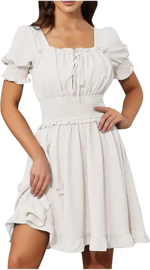 Women's Swiss Dot Babydoll Dresses Puff Sleeve Square Neck A-Line Dresses Cute Elastic Waist Ruffle Mini Short Dress