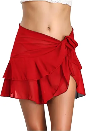 Womens Tie Side Mini Skirt Ruffle Sarongs Beach Wrap Swimdress Bikini Cover Up Skirt Summer Casual Sheer Mesh Skirt