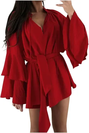 Womens Tie V Neck Casual Summer Loose Short Shirt Dress Flowy Tiered Ruffle Bell Long Sleeve Mini Dresses with Belt