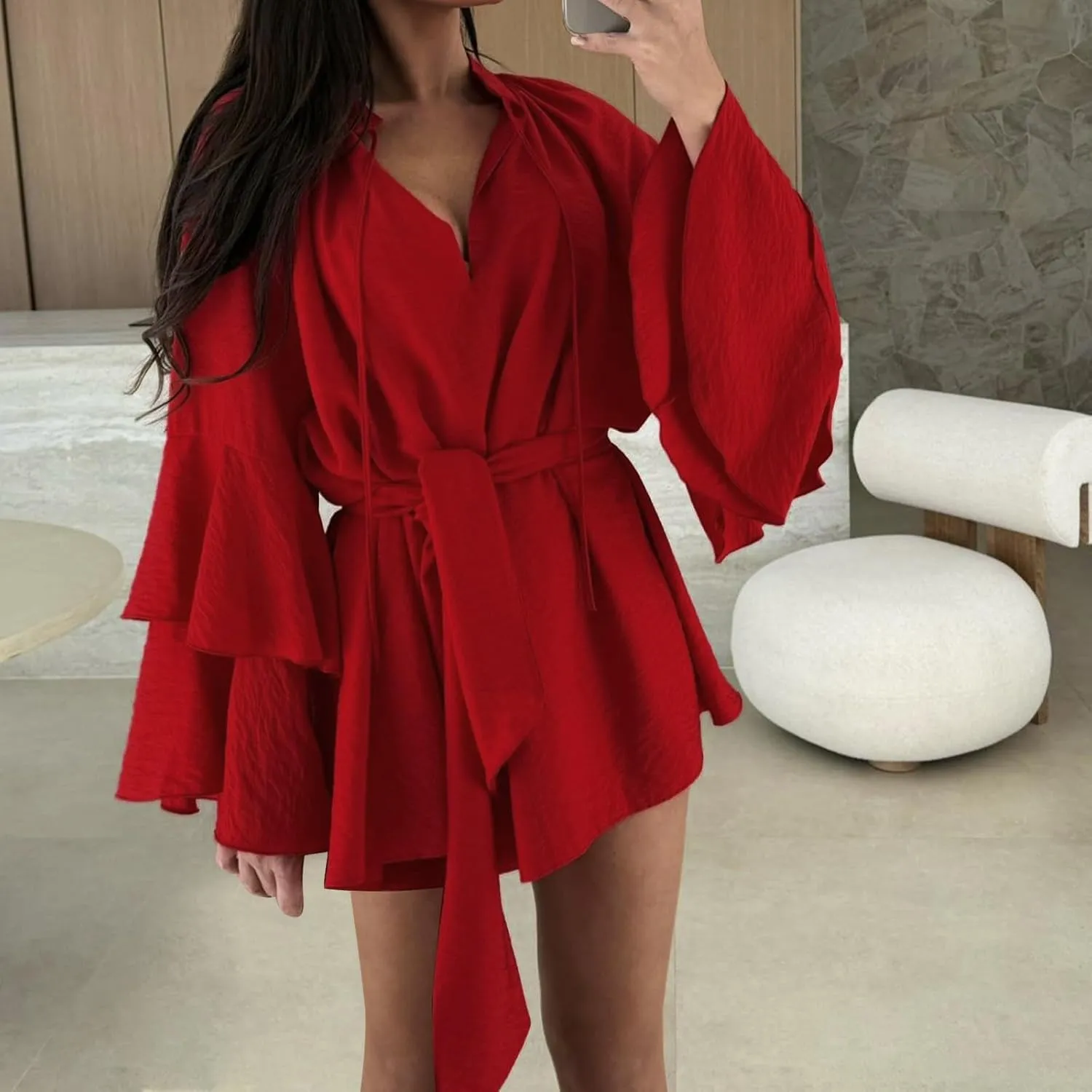 Womens Tie V Neck Casual Summer Loose Short Shirt Dress Flowy Tiered Ruffle Bell Long Sleeve Mini Dresses with Belt
